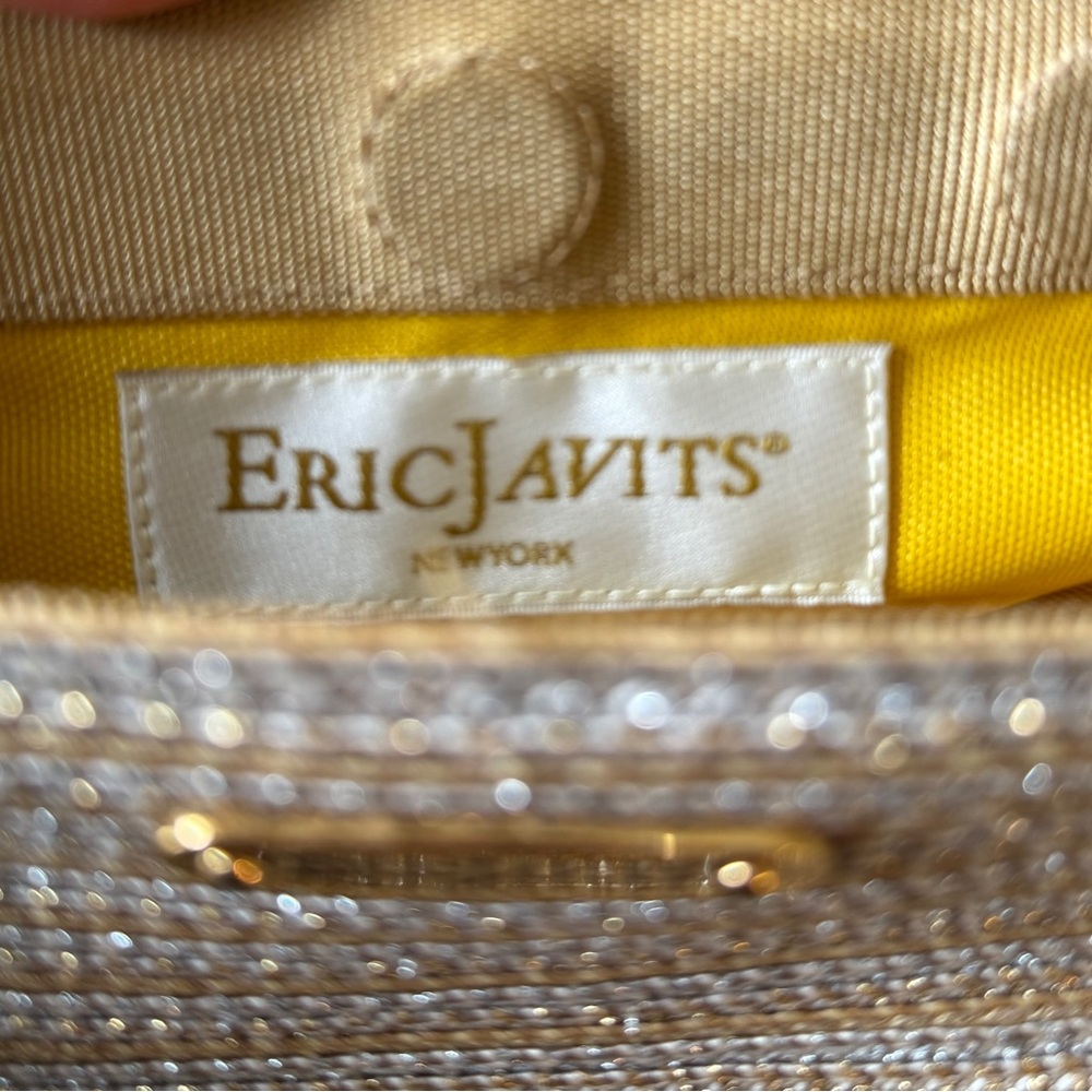 Eric Javits Woven Metallic Gold, Silver and Tan Striped Shoulder Bag - Picture 9 of 11
